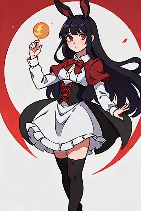 anime girl, tall, short black hair, Bangs are heavy, bunny ears, vampire, red eyes, ((best quality)), ((highly detailed)), masterpiece, absurdres, (detailed eyes, deep eyes), (1girl), puffy shirt, big bowtie, corset, skirt, stockings, boots, cape, Outside ...