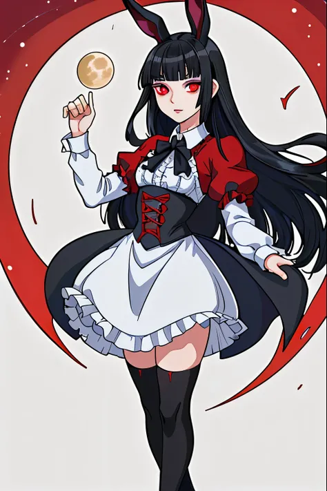 anime girl, short black hair, Bangs are heavy, bunny ears, vampire, red eyes, ((best quality)), ((highly detailed)), masterpiece, absurdres, (detailed eyes, deep eyes), (1girl), cape, Outside at night when the moon shines, dress, frills, The sleeves are wi...