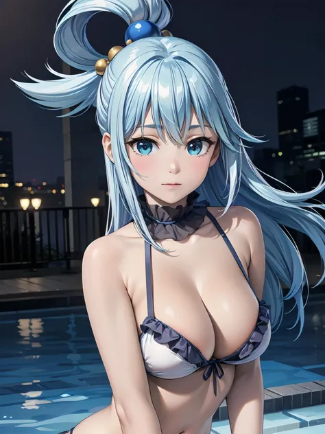 (Realistic, photo Realistic:1.2), ((highest quality)), Shift the center of gravity backwards, Quite embarrassing, aaaqua, long hair, blue hair, hair rings, hair ornament, choker, bare shoulders, green bow, (bikini, White frill), Beautiful facial details, R...