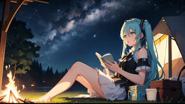 Under the beautiful starry sky、Reading by the campfire、Hatsune Miku。４K