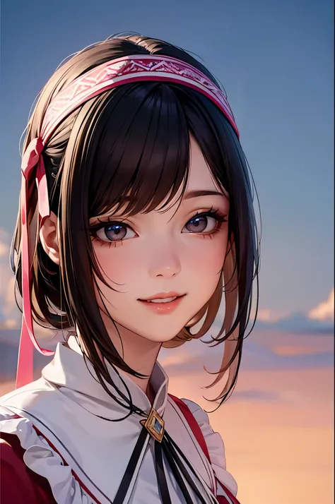 girl, Blue sky and white clouds,  Happy, Happy, Reddish cheeks, Black Hair, Wearing a pink ribbon headband, Perfect quality, Clear focus (Clutter - Home: 0.8), (masterpiece: 1.2) (Realistic: 1.2) (Bokeh) (highest quality) (Detailed skin: 1.3) (Intricate de...