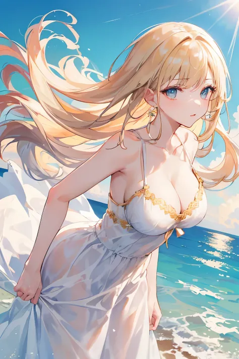 ((best quality)), ((masterpiece)), (detailed), Perfect face,(A girl full of fantasy,Standing on the sea,long golden hair,Face away from the camera),(White dress,spaghetti straps),Big Breasts,Look from the bottom up,sun,Water Splash