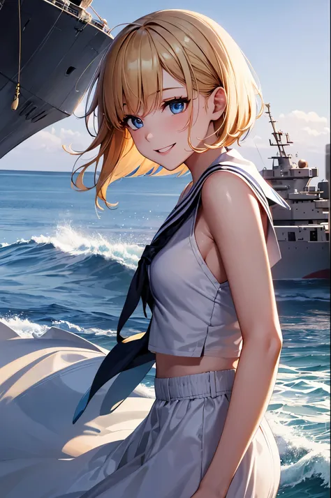 {{masterpiece, highest quality, Highly detailed CG, unity 8k wallpaper, Cinema Lighting, }}, Sony a7, Wide Frame, South Pacific, During the war with Asian countries, Winds blowing on the Aegis ship, 1 girl, whole body, smile, She is a US Navy sailor., Whit...