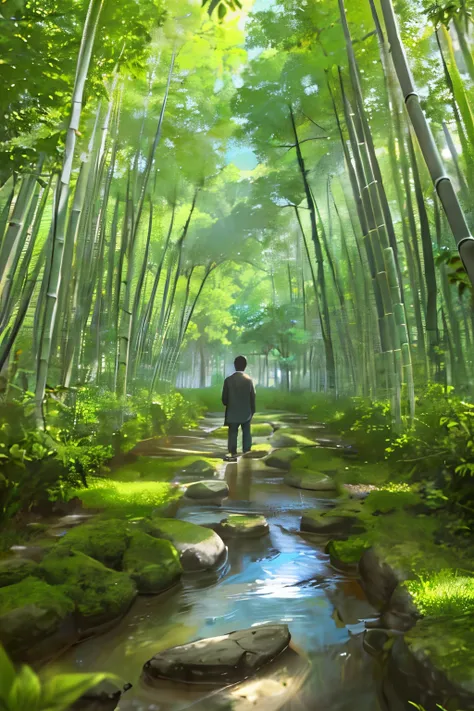 One man walks through a serene bamboo forest, the rustling leaves casting long shadows on the ground. A crystal-clear river flows gently by his side, reflecting the sunlight in shimmering waves. Birds of various species fly overhead, their melodic songs fi...