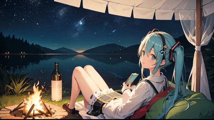 Under the beautiful starry sky、Reading by the campfire、Hatsune Miku。４K