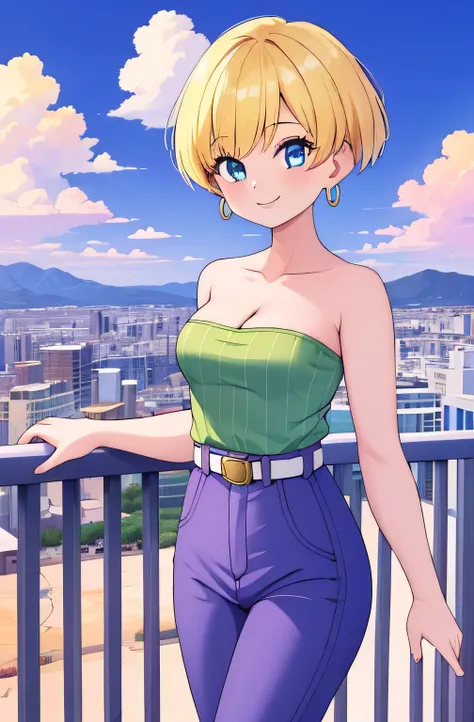 (Best Quality, Masterpiece:1.4), (Absurdres:1.2), 1 girl, Solo, erasa, blonde hair, blue eyes, earrings, green shirt, striped, strapless, cleavage, white belt, purple pants, small breasts, sky, clouds, cityscape, smile, looking at viewer, cowboy shot, rail...