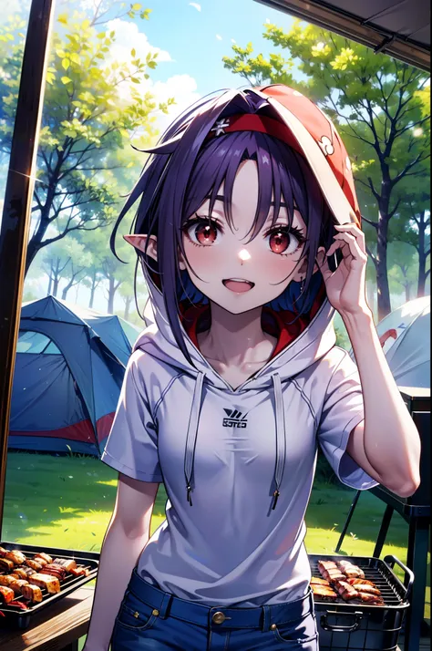 yuukikonno, konno yuuki, long hair, pointed ears, purple hair, (red eyes:1.5), (small breasts:1.2),smile, open your mouth,purple...