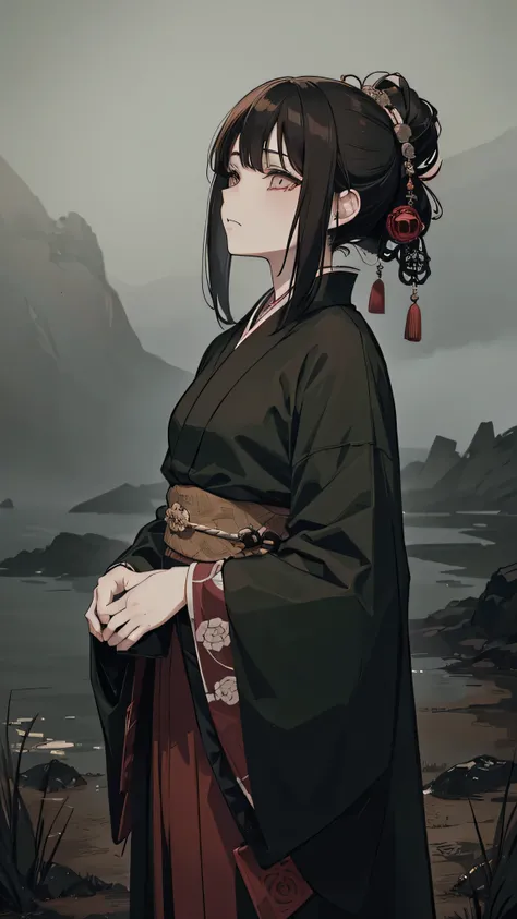 taisho period Japan woman, dark aesthetic, darkwave aesthetic, grunge aesthetic, eerie moorlands behind her, dark aesthetics, eerie thriller aesthetic, dark and moody aesthetic, ominous gothic aesthetic, goth aesthetic, gloomy style, medium length dirty br...