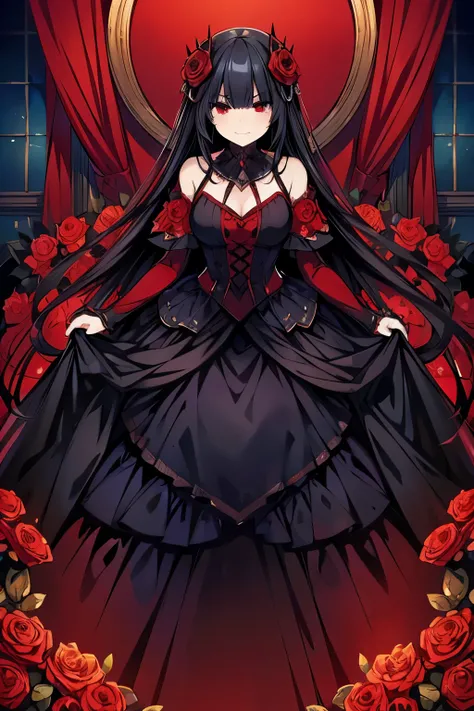 masterpiece, best quality, 1woman, finely detailed, black hair, big and long hair, red eyes, smug face, clothes: a gothic dress with roses, a garden full of red roses