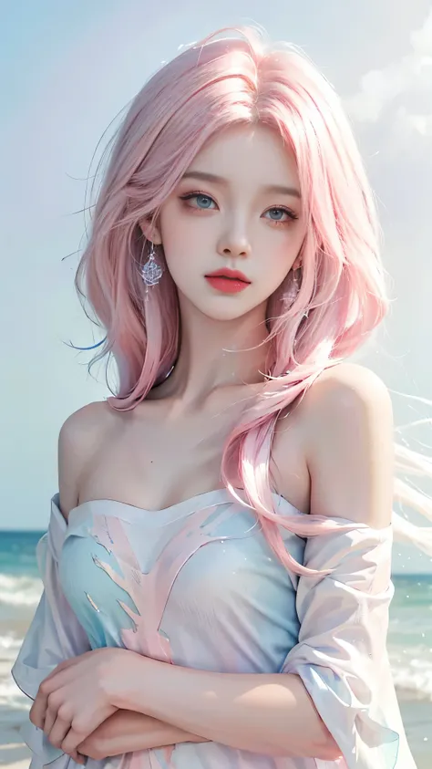 (masterpiece、best quality、high resolution),White background,acrylic paint,((Splash of Color,Ink splash、Splash of Color)),Sweet Chinese girl,Light blue and white medium length hair,(Pink),curls,Glittering,Redpink lips,White off-the-shoulder T-shirt, white s...