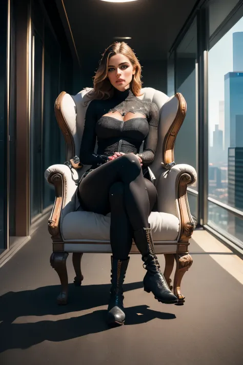 (best quality, 4k, 8k, highres, masterpiece:1.2), ultra-detailed, (realistic, photorealistic, photo-realistic:1.37), office in a skyscraper in a big city, female cyborg, beautiful detailed eyes, beautiful detailed lips, beautiful detailed face, extremely d...