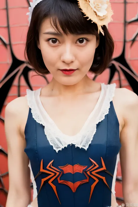 Masterpiece, high quality, high resolution, 8K, ((Skinny Japanese 30s woman in a costume of the movie spider-man)), cute face, natural makeup, detailed face, detailed eyes, a photo that feels endearing, (Full-body photo)