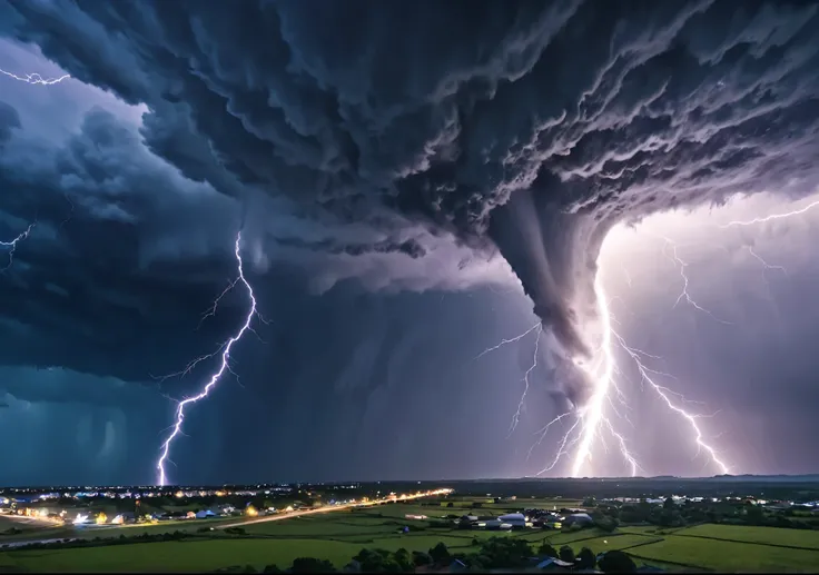 Crystal Cloud、Giant Tornado, Lightning strikes、Earth, Atmospheric perspective, 8k, Wide-angle lens、Super Detail, Accurate, highest quality, lightning、Sharp images、High color reproducibility、Attention to detail、live-action、Alluring、