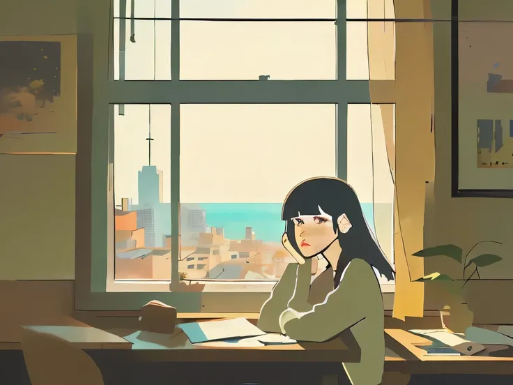 Lo fi girl, study room, Looking out the window, pensive, melancholy, Looking at the horizon, bangs falling over her eye, pretty girl