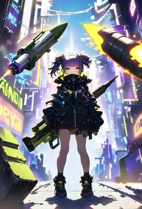 one girl、neon art、cyber punk、arms、pistol、rocket launcher、missile