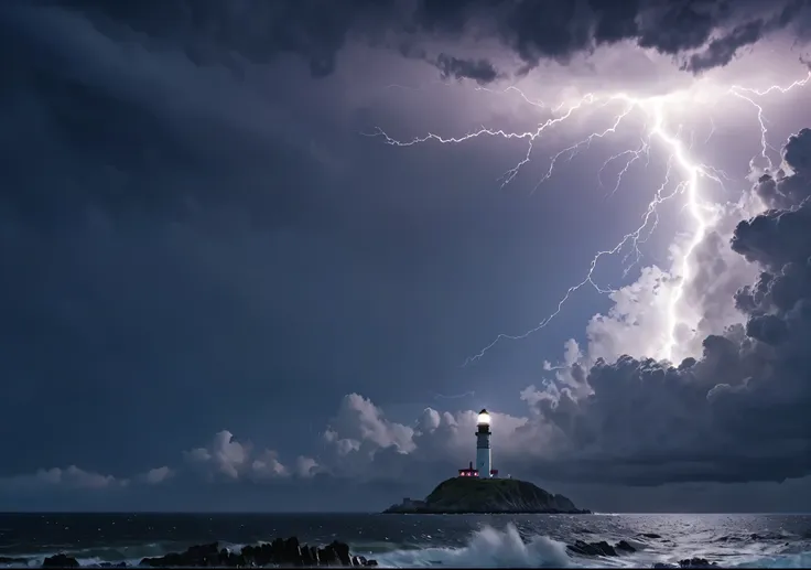 crystal cloud, lightning strikes、cape lighthouse, atmospheric perspective, 8k, super detail, accurate, highest quality, lightnin...