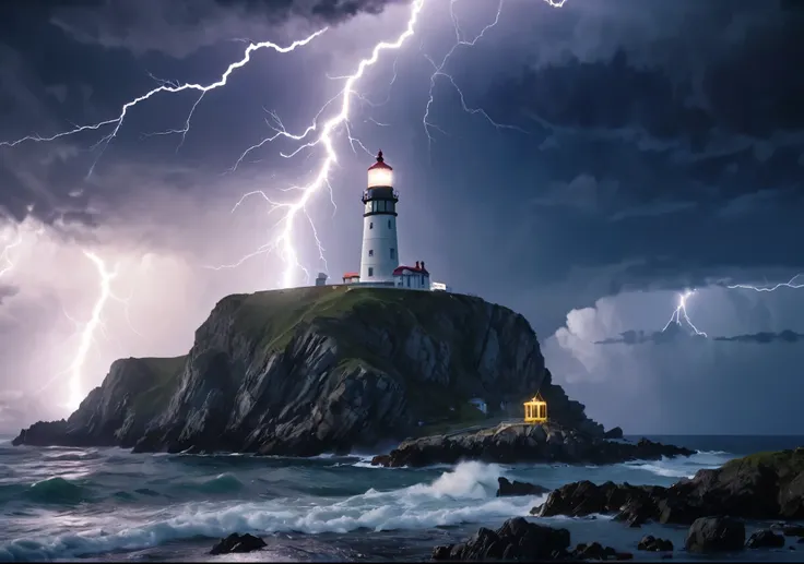 crystal cloud, lightning strikes、cape lighthouse, atmospheric perspective, 8k, super detail, accurate, highest quality, lightnin...