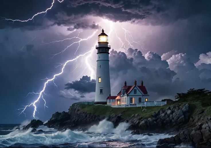 Crystal Cloud, Lightning strikes、Cape Lighthouse, Atmospheric perspective, 8k, Super Detail, Accurate, highest quality, lightning、Sharp images、High color reproducibility、Attention to detail、live-action、Alluring、