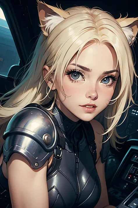 ((highest quality)), ((masterpiece)), (be familiar with), (High definition), 8K, Perfect Face、2Women、Two blonde women with cat ears、((Standing by in the mobile suit's 2cockpit))、Fearless smile、tall、2 Blonde cat ears、2. Long Hair、2. Volumetric hair styl...