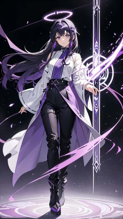 Ai Anime sword art online female character halo ring above head flaming purple black angel wings purple pattern wearing thick closed purple hijab purple flaming earrings jacket thick closed long robe modern black purple pattern long black pants black high ...