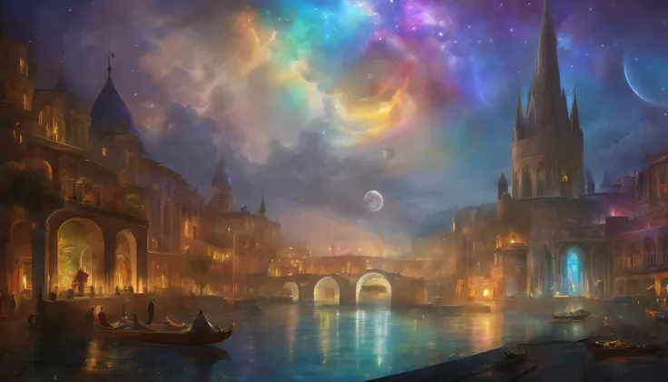 Multicolored multidimensional astral etheric space nebula, Magical city of medieval magic mysticism ""Cloud Biopunk ovni, cyber punk, 1000 paints disintegrate into a mosaic rainbow, Scenic, French, Simplicity, Dynamic Lighting, Cinematic cityscape, ArtJam,...