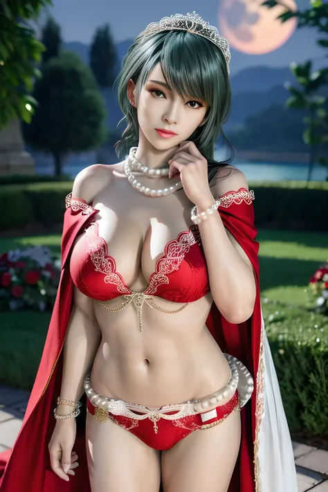 1 girl,lean over WINK,(Wearing Wedding Dress:1.2) ,(Wearing Jewel:1.2) ,( red lace_cloak:1.3),(Fluffs :1.4),(pearl bodychain:1.3),garden,nighttime,moon,( huge breasts ),cleavage,shiny skin,lip gloss,tattoos, masterpiece, best quality, realistic ,Surrealism...