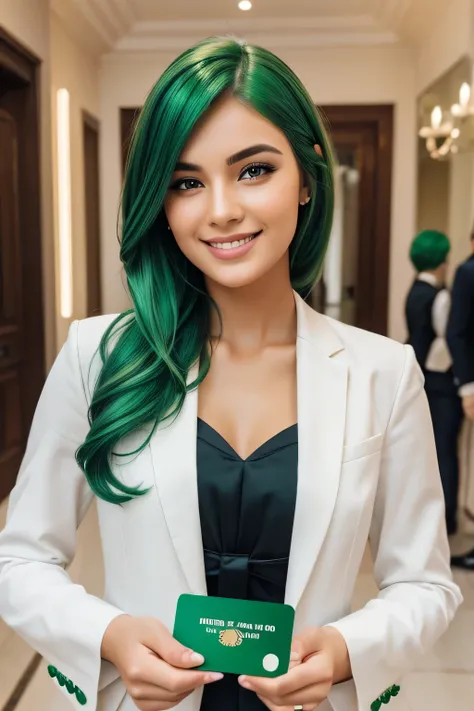 beautiful woman, expression of relief and happiness, green hair, formal clothes holding a credit card