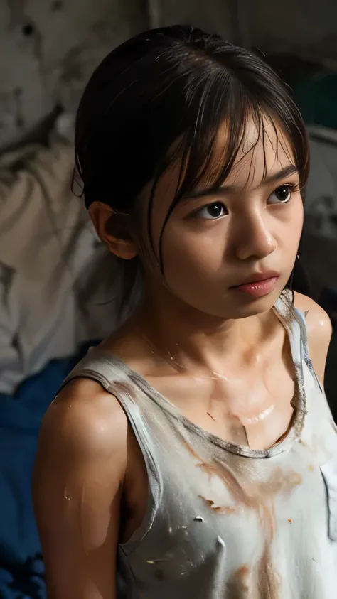 ((Photorealistic)), RAW Candid Cinema, 16mm, color grading portra 400 film, Outstanding colors, Ultra-realistic, Filmed with a cinematic camera, Detailed skin texture, Subsurface Scattering、 (((Poor refugee cute girl)))、 Best Quality, Very dark underground...