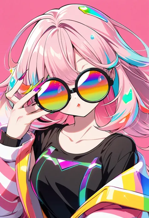 A woman with pink hair wearing futuristic round glasses with colorful jewels on the frames covering her eyes, long sharp nails, cute anime style, Y2K aesthetic, simple background, black tank top, pink Striped jacket, 