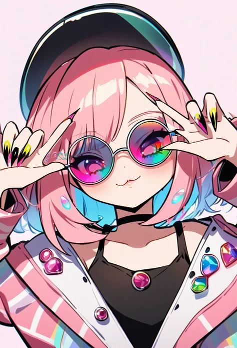 **A woman with pink hair wearing futuristic round glasses with colorful jewels on the frames covering her eyes, long sharp nails, cute anime style, Y2K aesthetic, simple background, black tank top, pink Striped jacket,