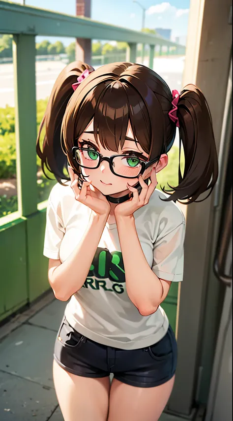 Girl, twintail short hair, brown hair, green eyes, glasses, cute girl, cosplayer 