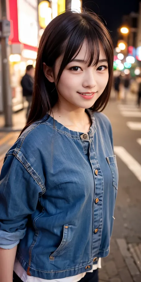 1 Girl, Tokyo Street,night, Streetscape,City lights,Upper Body,close,smile,, (8K, Raw photo, highest quality, masterpiece:1.2),(Realistic, photo-Realistic:1.37),