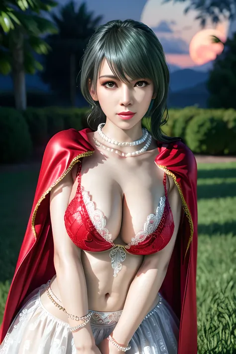 1 girl,lean over WINK,(Wearing Wedding Dress:1.2) ,(Wearing Jewel:1.2) ,( red lace_cloak:1.3),(Fluffs :1.4),(pearl bodychain:1.3),garden,nighttime,moon,( huge breasts ),cleavage,shiny skin,lip gloss,tattoos, masterpiece, best quality, realistic ,Surrealism...