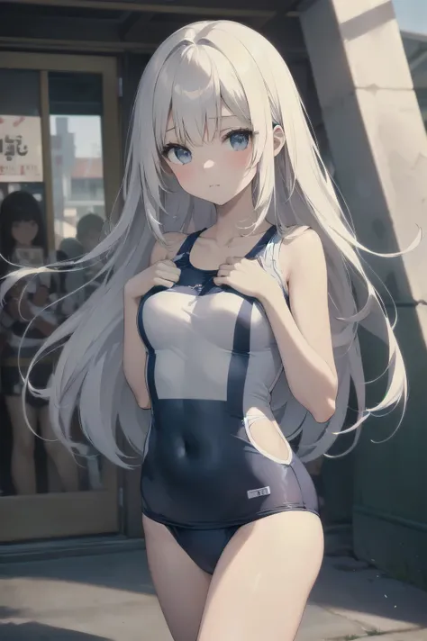 high quality、最high quality、Complete limbs、Ultra-high resolution、Shining Eyes、Full hands and fingers、Slender beauty、Wearing a white school swimsuit、White skin, View your viewers,, No correction, arms on the back, throw, bangs, Focus Only , break , grasp, La...