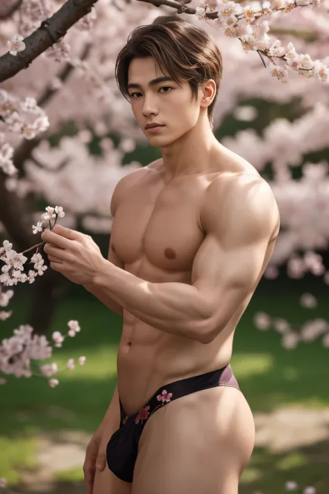 masterpiece,extremely detailed CG unity 8k wallpaper,1boy, beautiful, realistic, blurry, blurry_background, blurry_foreground, branch, brown_hair, plum blossom, depth_of_field, flower, nose, realistic, solo,chinese, completely naked,wearing only black micr...