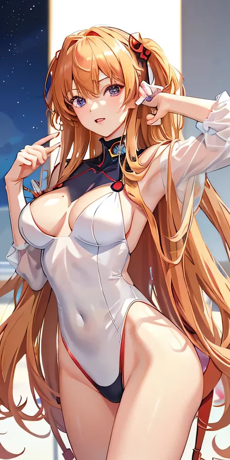 (Overlooking figure),Dynamic Angle,Very detailed, figure, One girl, 
 ((Soryu Asuka Langley, Interface Headset, Purple girdle underwear:1.4, blonde)),Her eyes shone like dream-like stars,(Glowing Eyes:1.233),(Beautiful and detailed:1.1),(Open your mouth),(...