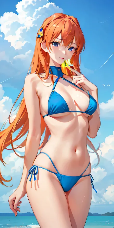 (Overlooking figure),Dynamic Angle,Very detailed, figure, close, Straight, One girl, 
 ((Soryu Asuka Langley, Interface Headset,Light blue bikini:1.4, blonde)),Her eyes shone like 夢のような stars,(Glowing Eyes:1.233),(Beautiful and detailed:1.1),(Expressionles...