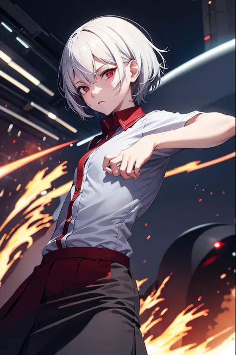 Short white hair (A little long) Childish red eyes, firepower in the hand, high-definition quality, light skirt and buttocks, blue shirt, school clothes, battle background, flat chest