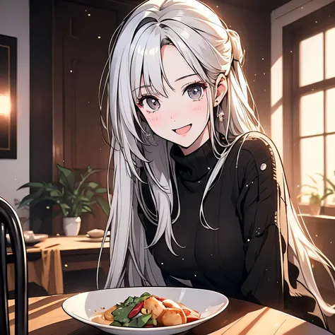 A white hair，25-year-old girl in a black sweater，Standing in front of the dining table in the living room of the house，Happy expression，Open mouth smile，blush（Upper body display：1.5）（cinematic lighting：1.5）)(ultra-high detail:1.5)(best quality:1.5)