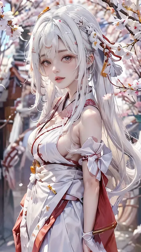 ((Styled white hair:1.5))(A shrine maiden dressed in beautiful shrine maiden clothes:1.3), Symmetric, (highest quality, Realistic:1.4, RAW Photos:1.2, Cinematic Light, Highly detailed illustration), (1woman:1.3, alone), (Asian 25 year old girl, Very delica...