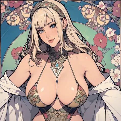 ((Detailed face)),((Muchas style)),(vulgar),(portrait)huge breasts, sexual excitement,  solo,((addiction to sex))((Medieval fantasy adventurer)),blond hair,smile that invites a man to join her,Mercenary,nipple covers,(cowboy shot:1.2)
