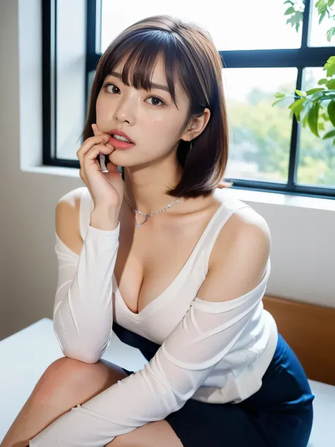 ((highest quality, 8k, masterpiece: 1.3)), Perfect body beauty: 1.4, (Highlight Haircut, Breast A cup:1.2), Small breasts, Round shaped breasts, Perfectly shaped breasts, Simple Necklace, Highly detailed face, Beautiful woman, (Dark brown shortcuts), Slim ...