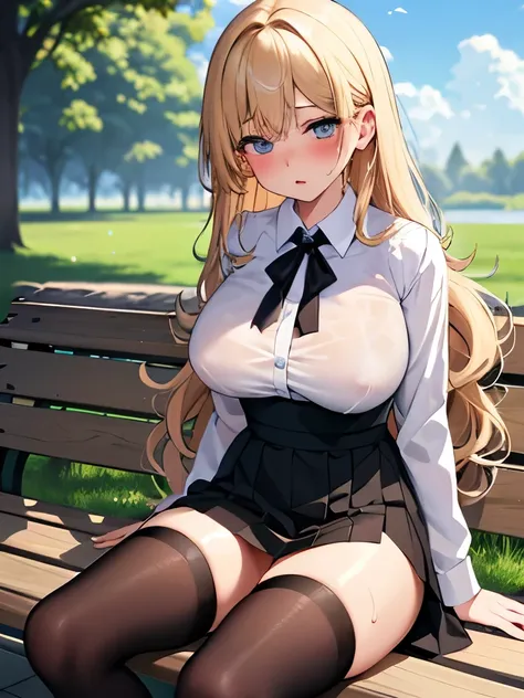 White panties,(((NSFW))),(masterpiece,highest quality, detailed), One girl, alone, Park bench,Clear skies, black tights, （Turn over your clothes:1.5), Sweat, Ahegao, Roll your eyes, blush, naked、Blonde,Messy wavy long hair,open chest white shirt、A tight-fi...