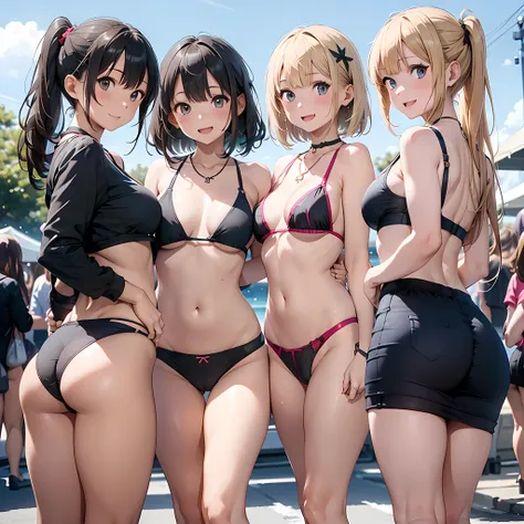 ((three girls are sticking out their big butt boldly)),  (body shot), Outdoor Music Festival, Laughing with your mouth open, slender, hair band, Headband, hair bobbles, brown hair, blond hair, navel, jewelry, looking at viewer, necklace, long hair, short h...