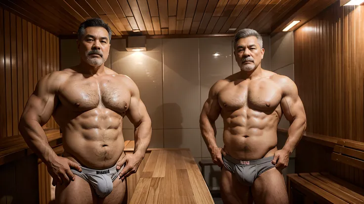 2 Vietnamese grandfathers with gray hair, mature face, a thick gray mustache, a short gray chin beard, bear body, wearing a massive bulging gray jockstraps stand in the sauna, have belly, big muscular chest, a sexy pose, show underwear.
