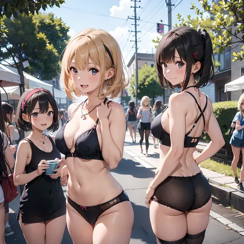 ((three girls are sticking out their big butt boldly)),  (body shot), Outdoor Music Festival, Laughing with your mouth open, slender, hair band, Headband, hair bobbles, brown hair, blond hair, navel, jewelry, looking at viewer, necklace, long hair, short h...