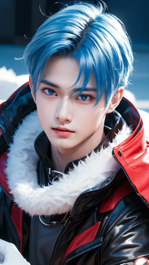 "Enjoy a visual feast as you witness the astonishing transformation of the handsome 20-year-old Saitama, a being of unparalleled strength and captivating aura. With vibrant blue hair and piercing red eyes , this energetic person will surprise you."