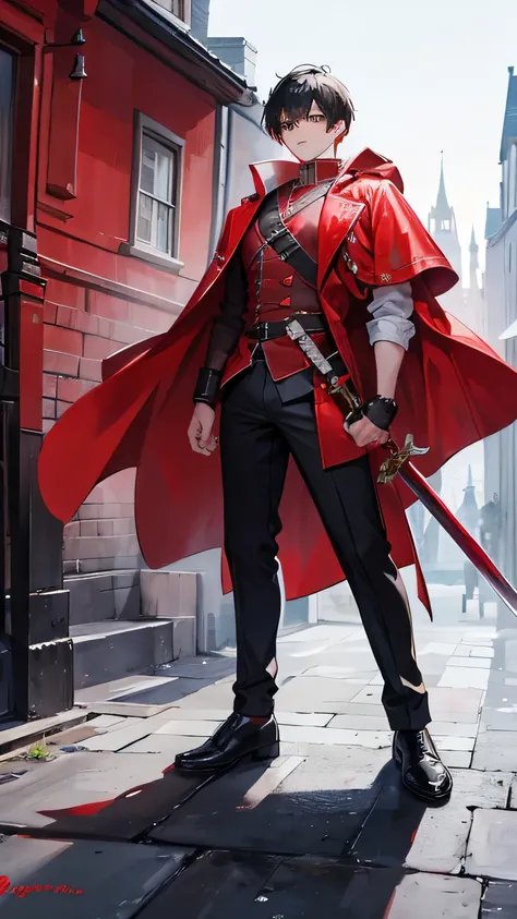 boy, Height 186, weight 75, fights with evil spirits, rude, wears a red coat, armed with a sword