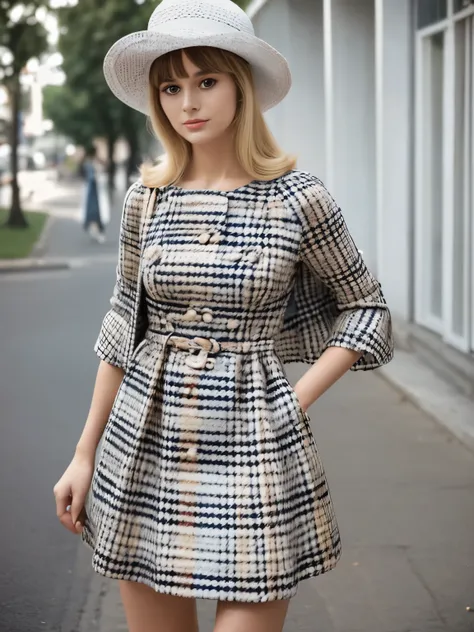 araffe woman in a plaid dress and hat with a white bag, 60s style, 6 0 s style, chequered cape, 1960s style, official dior editorial, retro 6 0 s fashion, look, vintage fashion, official vuitton editorial, 7 0 s style, marie - gabrielle capet style, olivia...