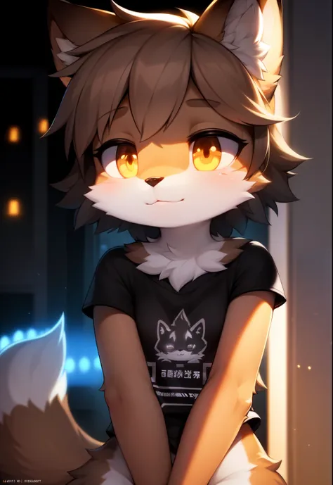 furry, tan fur, ultra cute face, black elements on fur, glowing t-shrt, beautiful lights and shadows, ambient light, ultra detailed fur, volumetric light